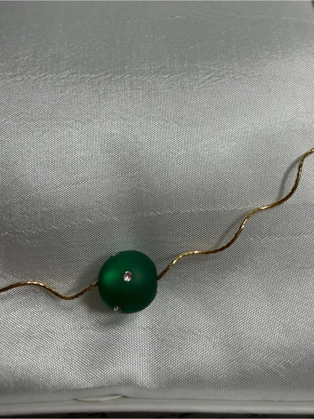 14k Yellow Gold Wavy Choker 16” Necklace with Green Swarovski Bead - Picture 2 of 5